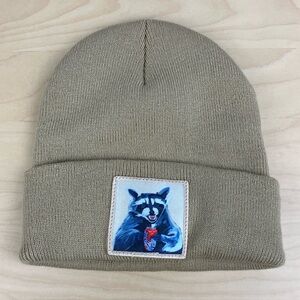 FLYN Hats Racoon Beer Bandit Moxie Soda Winter Beanie Cuff Hat Beige Patch Logo